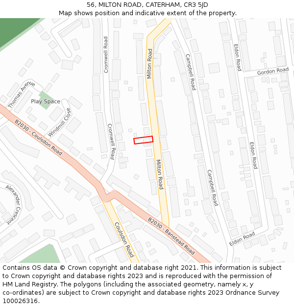 56, MILTON ROAD, CATERHAM, CR3 5JD: Location map and indicative extent of plot