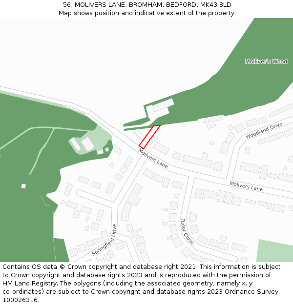 56, MOLIVERS LANE, BROMHAM, BEDFORD, MK43 8LD: Location map and indicative extent of plot