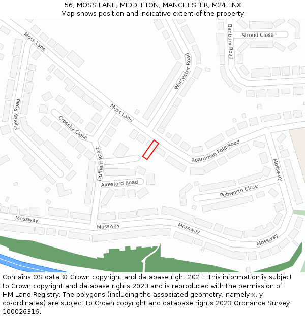 56, MOSS LANE, MIDDLETON, MANCHESTER, M24 1NX: Location map and indicative extent of plot