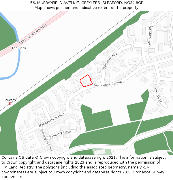 56, MURRAYFIELD AVENUE, GREYLEES, SLEAFORD, NG34 8GP: Location map and indicative extent of plot