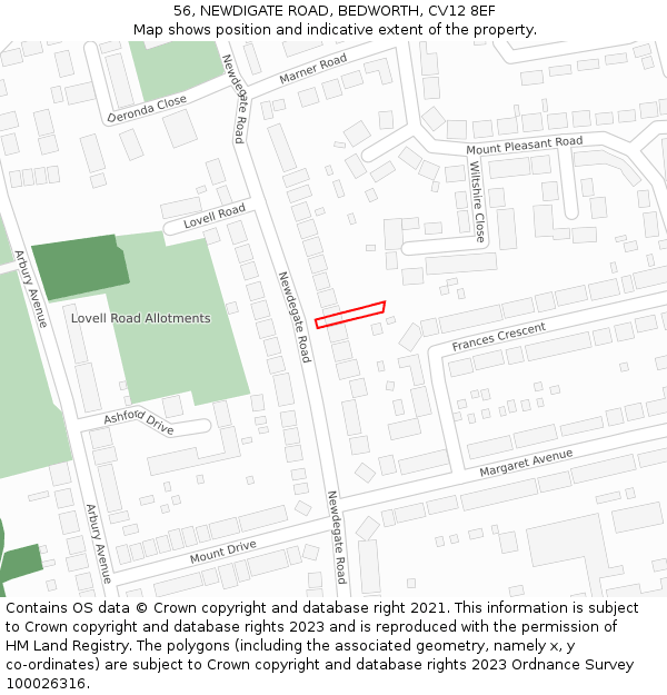 56, NEWDIGATE ROAD, BEDWORTH, CV12 8EF: Location map and indicative extent of plot