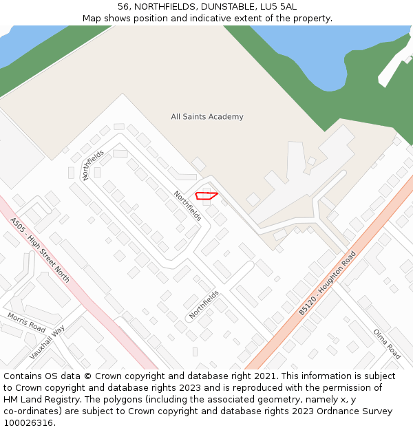 56, NORTHFIELDS, DUNSTABLE, LU5 5AL: Location map and indicative extent of plot