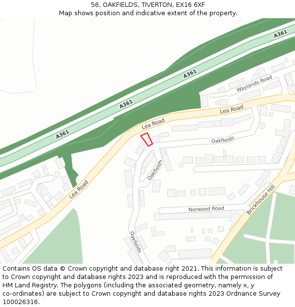 56, OAKFIELDS, TIVERTON, EX16 6XF: Location map and indicative extent of plot