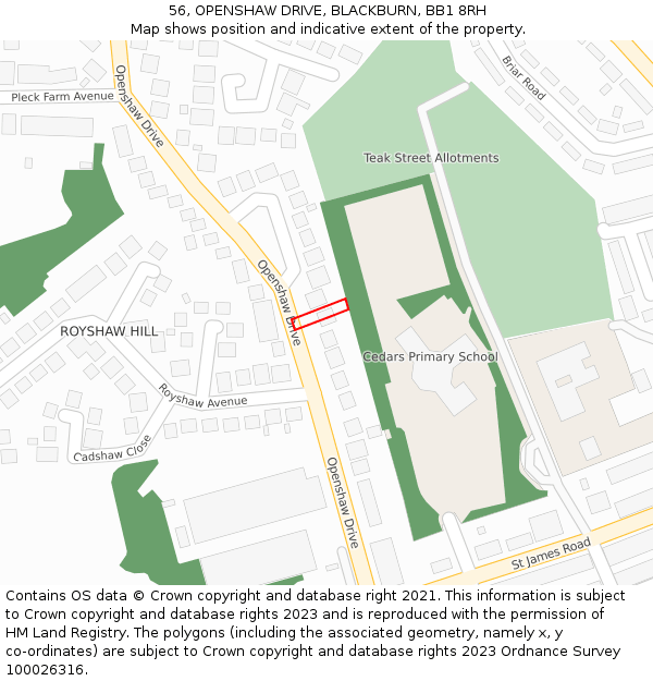 56, OPENSHAW DRIVE, BLACKBURN, BB1 8RH: Location map and indicative extent of plot