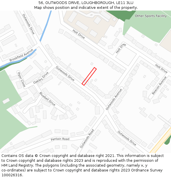56, OUTWOODS DRIVE, LOUGHBOROUGH, LE11 3LU: Location map and indicative extent of plot