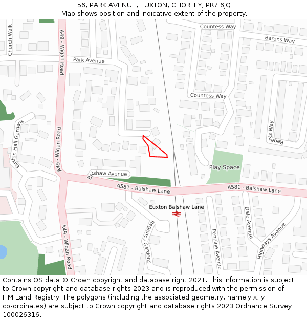 56, PARK AVENUE, EUXTON, CHORLEY, PR7 6JQ: Location map and indicative extent of plot