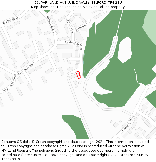 56, PARKLAND AVENUE, DAWLEY, TELFORD, TF4 2EU: Location map and indicative extent of plot