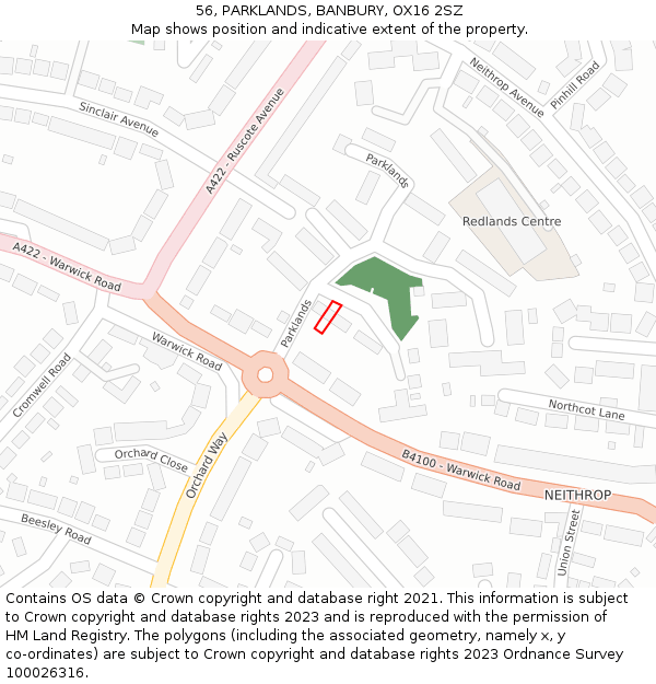 56, PARKLANDS, BANBURY, OX16 2SZ: Location map and indicative extent of plot