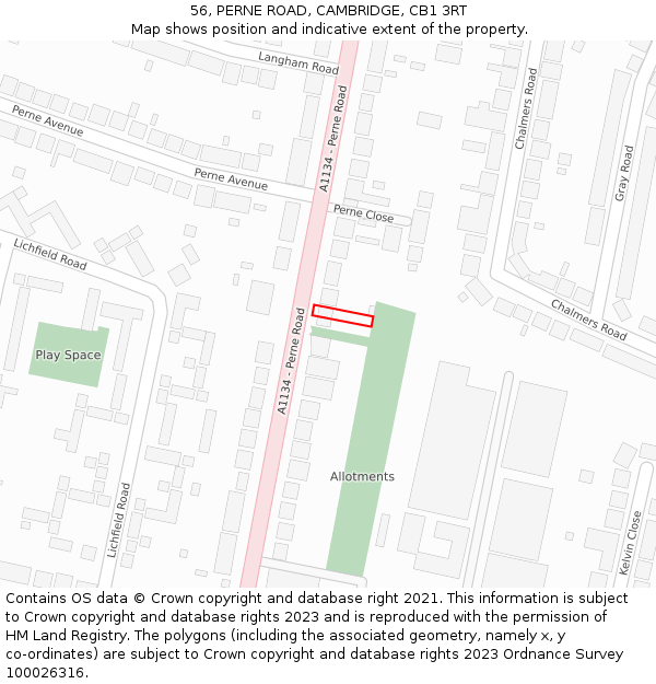 56, PERNE ROAD, CAMBRIDGE, CB1 3RT: Location map and indicative extent of plot