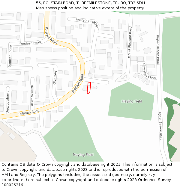 56, POLSTAIN ROAD, THREEMILESTONE, TRURO, TR3 6DH: Location map and indicative extent of plot