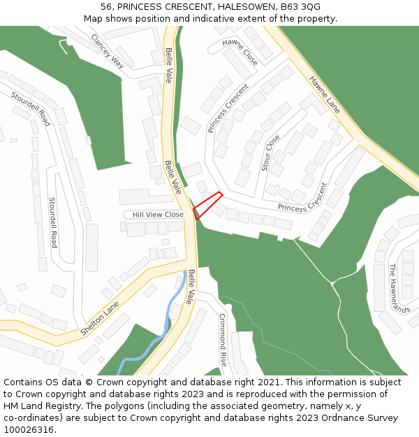 56, PRINCESS CRESCENT, HALESOWEN, B63 3QG: Location map and indicative extent of plot