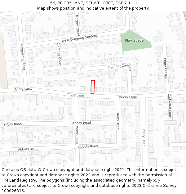 56, PRIORY LANE, SCUNTHORPE, DN17 1HU: Location map and indicative extent of plot