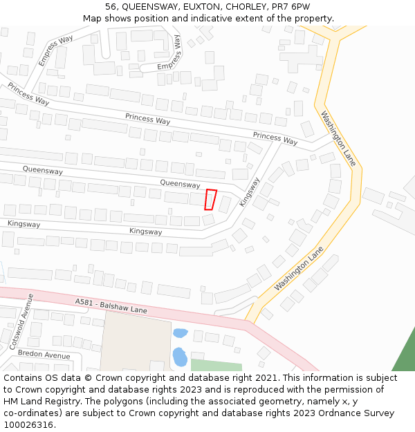 56, QUEENSWAY, EUXTON, CHORLEY, PR7 6PW: Location map and indicative extent of plot