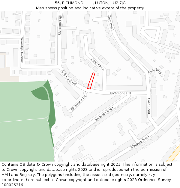 56, RICHMOND HILL, LUTON, LU2 7JG: Location map and indicative extent of plot