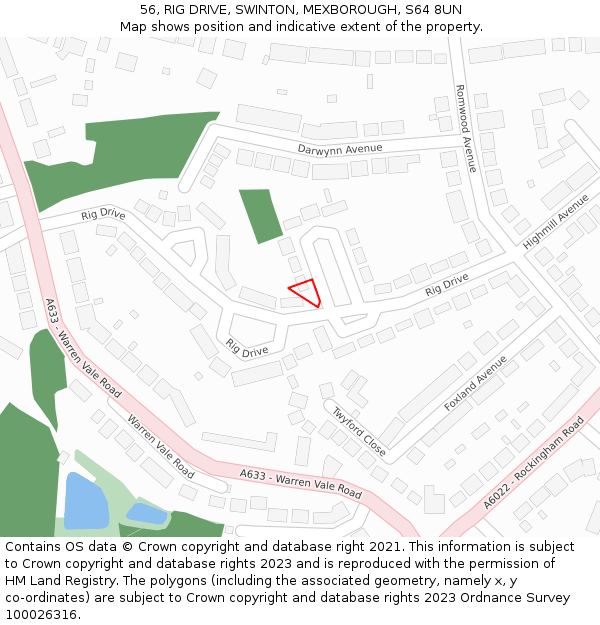 56, RIG DRIVE, SWINTON, MEXBOROUGH, S64 8UN: Location map and indicative extent of plot