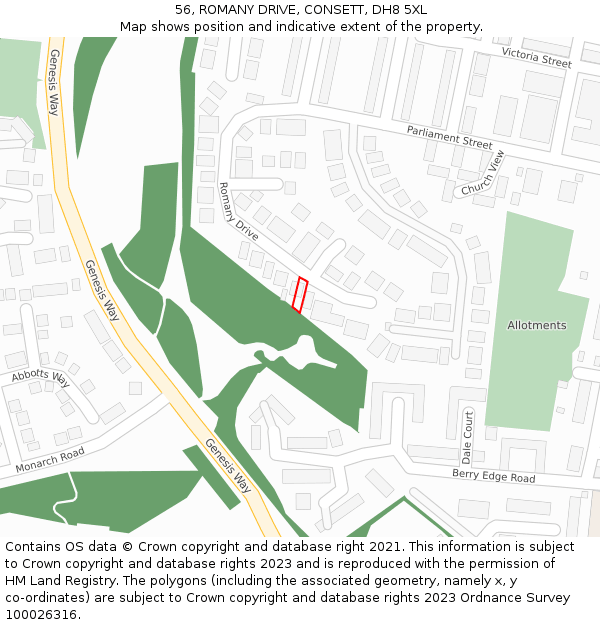 56, ROMANY DRIVE, CONSETT, DH8 5XL: Location map and indicative extent of plot