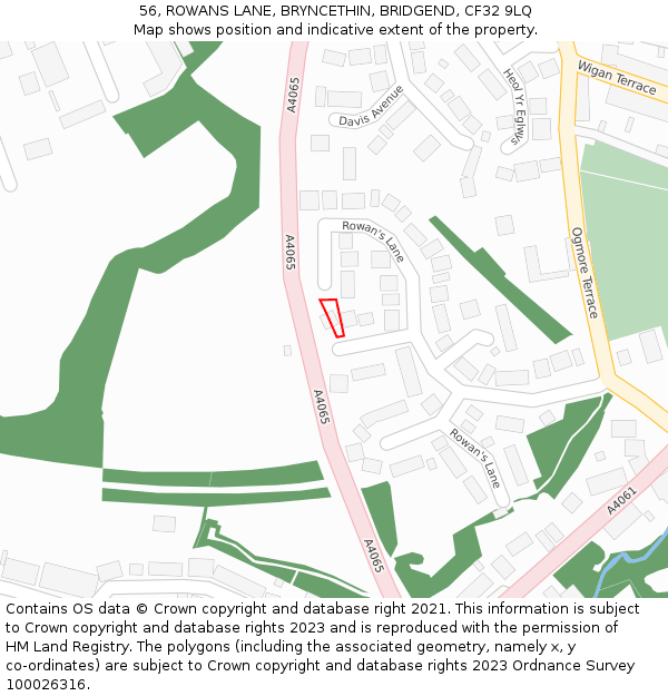 56, ROWANS LANE, BRYNCETHIN, BRIDGEND, CF32 9LQ: Location map and indicative extent of plot