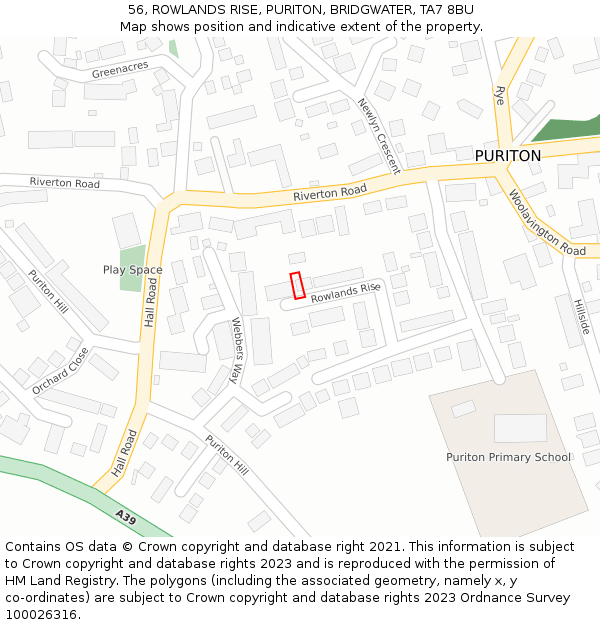 56, ROWLANDS RISE, PURITON, BRIDGWATER, TA7 8BU: Location map and indicative extent of plot