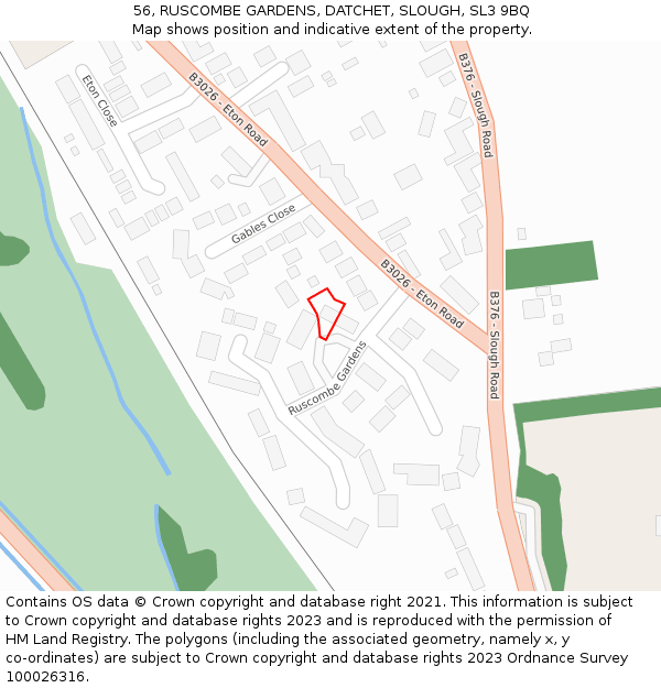 56, RUSCOMBE GARDENS, DATCHET, SLOUGH, SL3 9BQ: Location map and indicative extent of plot