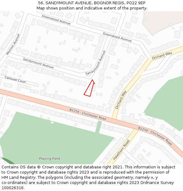 56, SANDYMOUNT AVENUE, BOGNOR REGIS, PO22 9EP: Location map and indicative extent of plot