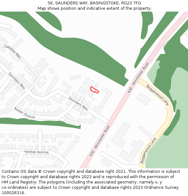 56, SAUNDERS WAY, BASINGSTOKE, RG23 7FG: Location map and indicative extent of plot