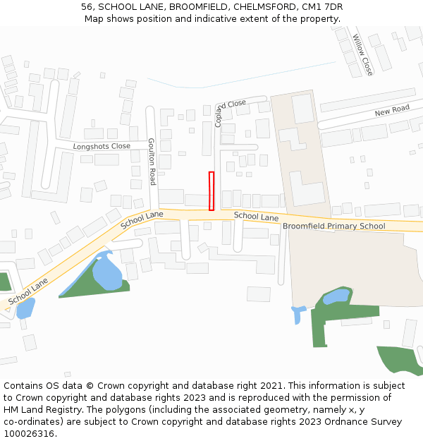 56, SCHOOL LANE, BROOMFIELD, CHELMSFORD, CM1 7DR: Location map and indicative extent of plot