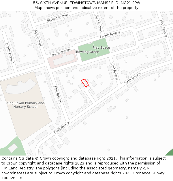 56, SIXTH AVENUE, EDWINSTOWE, MANSFIELD, NG21 9PW: Location map and indicative extent of plot