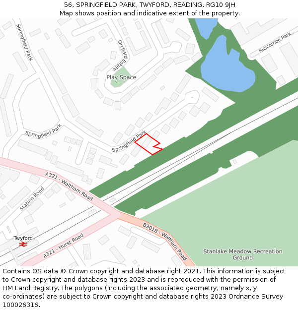 56, SPRINGFIELD PARK, TWYFORD, READING, RG10 9JH: Location map and indicative extent of plot