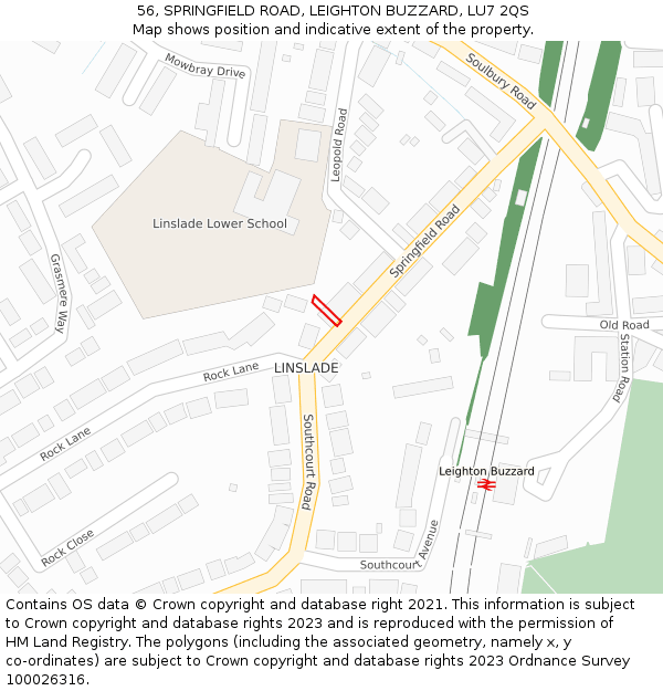 56, SPRINGFIELD ROAD, LEIGHTON BUZZARD, LU7 2QS: Location map and indicative extent of plot