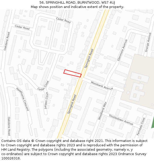 56, SPRINGHILL ROAD, BURNTWOOD, WS7 4UJ: Location map and indicative extent of plot