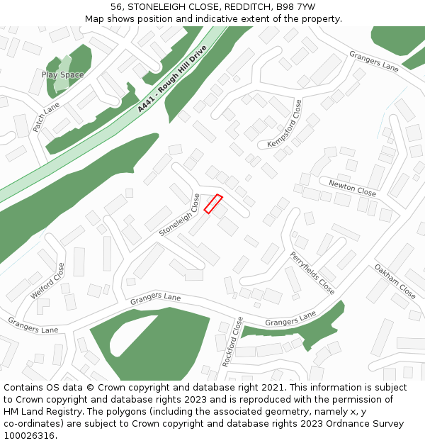 56, STONELEIGH CLOSE, REDDITCH, B98 7YW: Location map and indicative extent of plot