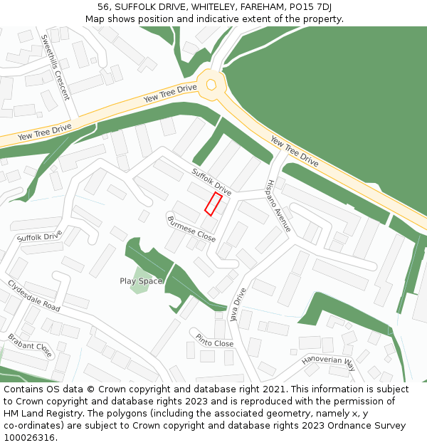 56, SUFFOLK DRIVE, WHITELEY, FAREHAM, PO15 7DJ: Location map and indicative extent of plot