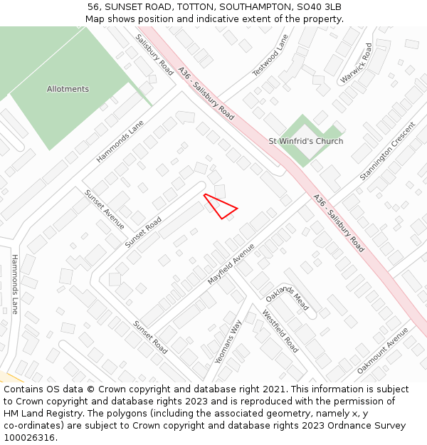 56, SUNSET ROAD, TOTTON, SOUTHAMPTON, SO40 3LB: Location map and indicative extent of plot