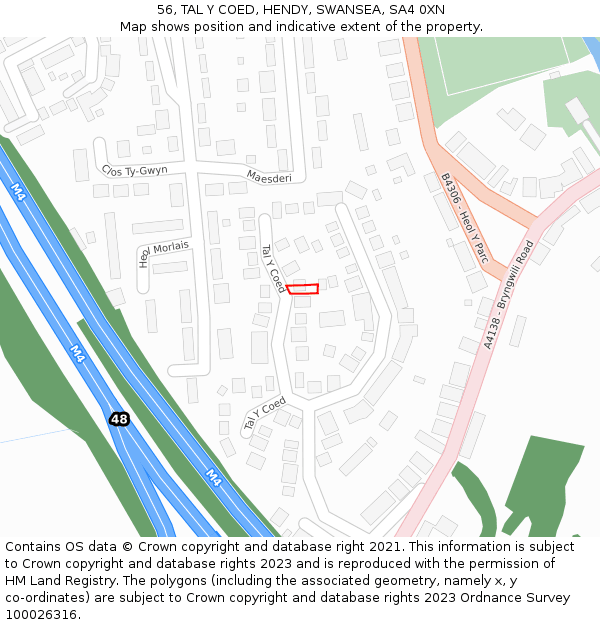 56, TAL Y COED, HENDY, SWANSEA, SA4 0XN: Location map and indicative extent of plot