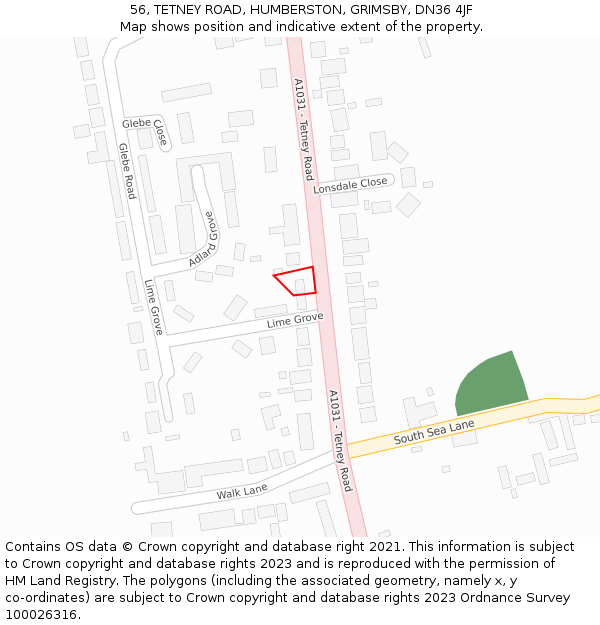 56, TETNEY ROAD, HUMBERSTON, GRIMSBY, DN36 4JF: Location map and indicative extent of plot