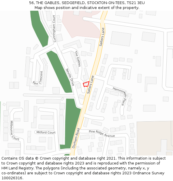 56, THE GABLES, SEDGEFIELD, STOCKTON-ON-TEES, TS21 3EU: Location map and indicative extent of plot