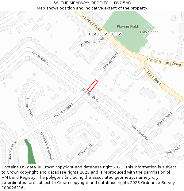 56, THE MEADWAY, REDDITCH, B97 5AD: Location map and indicative extent of plot