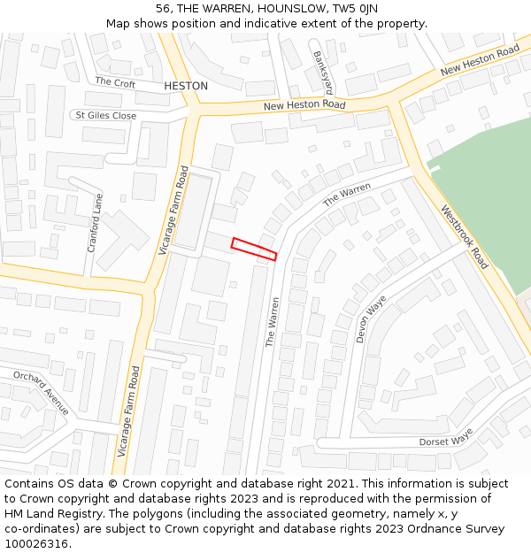 56, THE WARREN, HOUNSLOW, TW5 0JN: Location map and indicative extent of plot