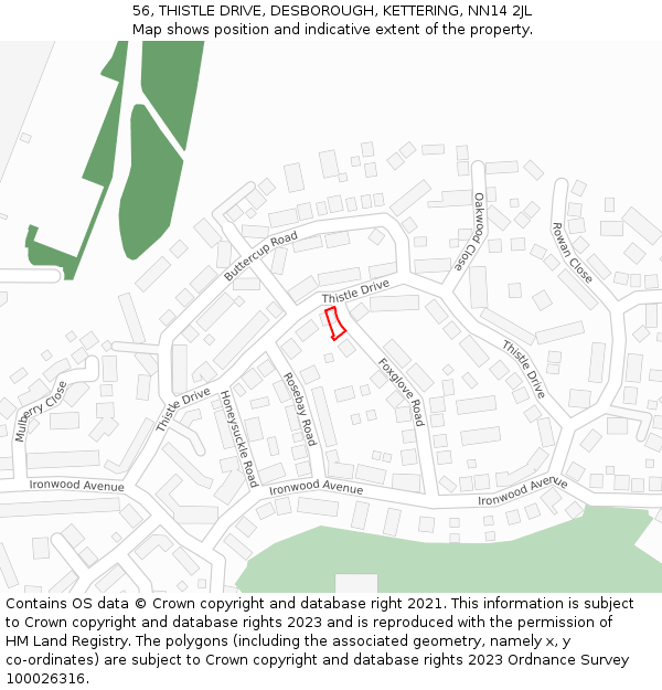 56, THISTLE DRIVE, DESBOROUGH, KETTERING, NN14 2JL: Location map and indicative extent of plot