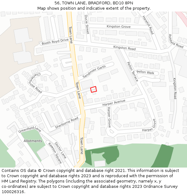 56, TOWN LANE, BRADFORD, BD10 8PN: Location map and indicative extent of plot