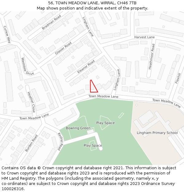 56, TOWN MEADOW LANE, WIRRAL, CH46 7TB: Location map and indicative extent of plot