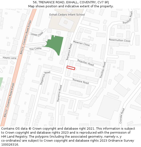 56, TRENANCE ROAD, EXHALL, COVENTRY, CV7 9FJ: Location map and indicative extent of plot