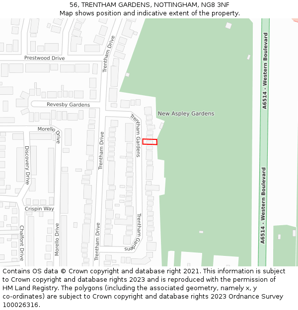 56, TRENTHAM GARDENS, NOTTINGHAM, NG8 3NF: Location map and indicative extent of plot