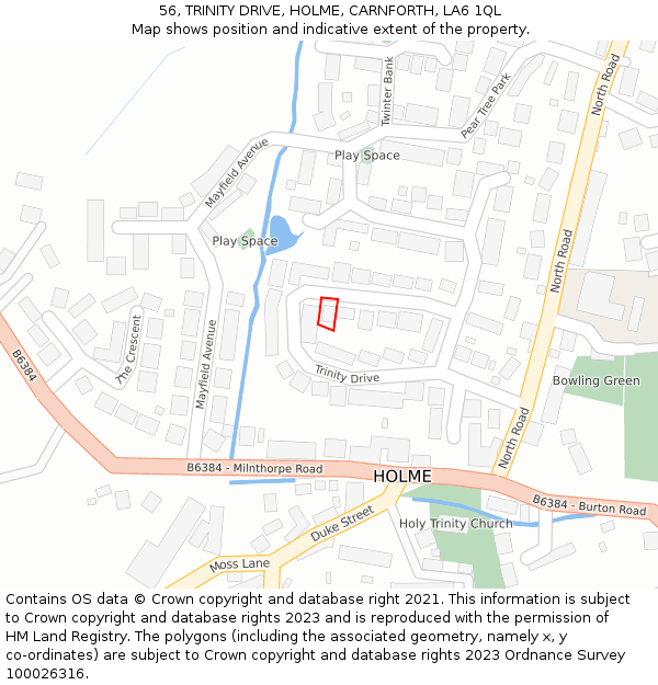 56, TRINITY DRIVE, HOLME, CARNFORTH, LA6 1QL: Location map and indicative extent of plot