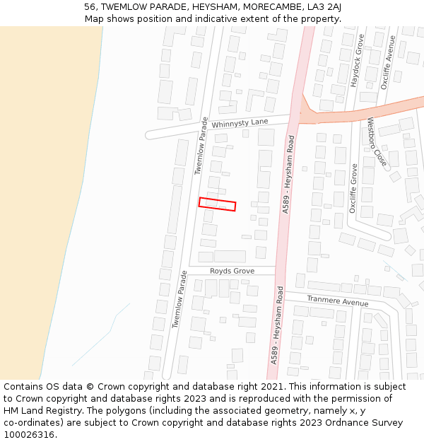 56, TWEMLOW PARADE, HEYSHAM, MORECAMBE, LA3 2AJ: Location map and indicative extent of plot