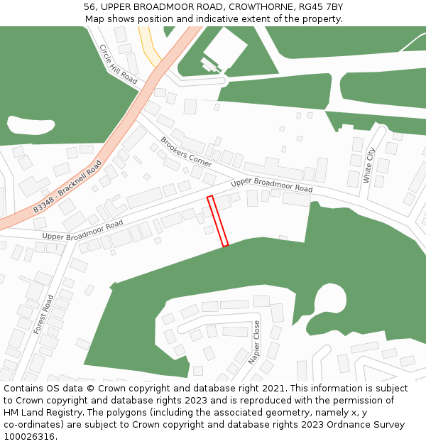 56, UPPER BROADMOOR ROAD, CROWTHORNE, RG45 7BY: Location map and indicative extent of plot