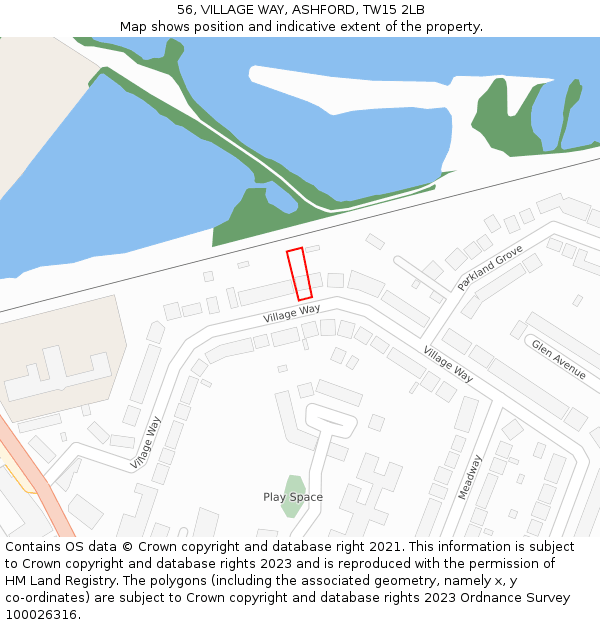 56, VILLAGE WAY, ASHFORD, TW15 2LB: Location map and indicative extent of plot