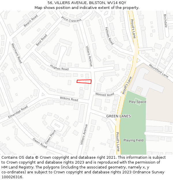 56, VILLIERS AVENUE, BILSTON, WV14 6QY: Location map and indicative extent of plot