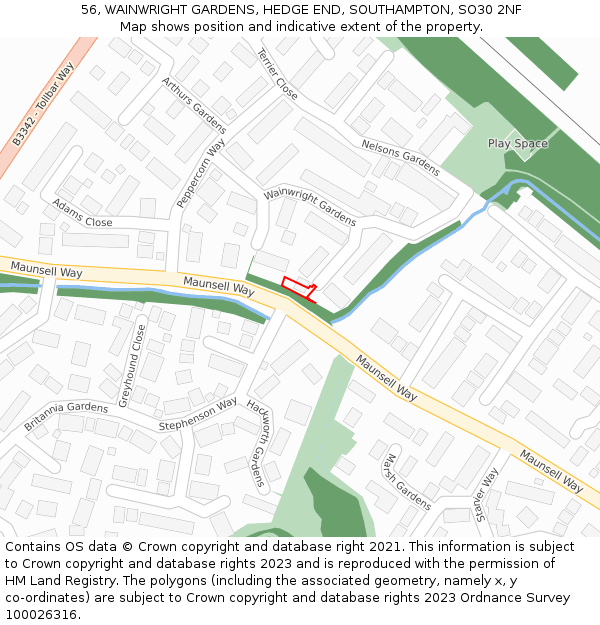 56, WAINWRIGHT GARDENS, HEDGE END, SOUTHAMPTON, SO30 2NF: Location map and indicative extent of plot