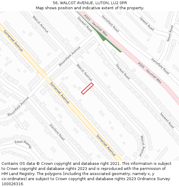56, WALCOT AVENUE, LUTON, LU2 0PR: Location map and indicative extent of plot